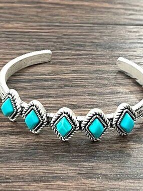 Turquoise Diamond Cuff Bracelet Western Boho Silver Tone Adjustable